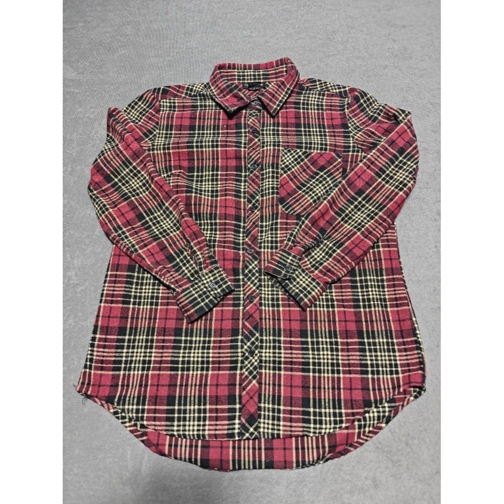 Cotton Express Womens M Red Black Plaid Flannel Shirt Button Up Grunge